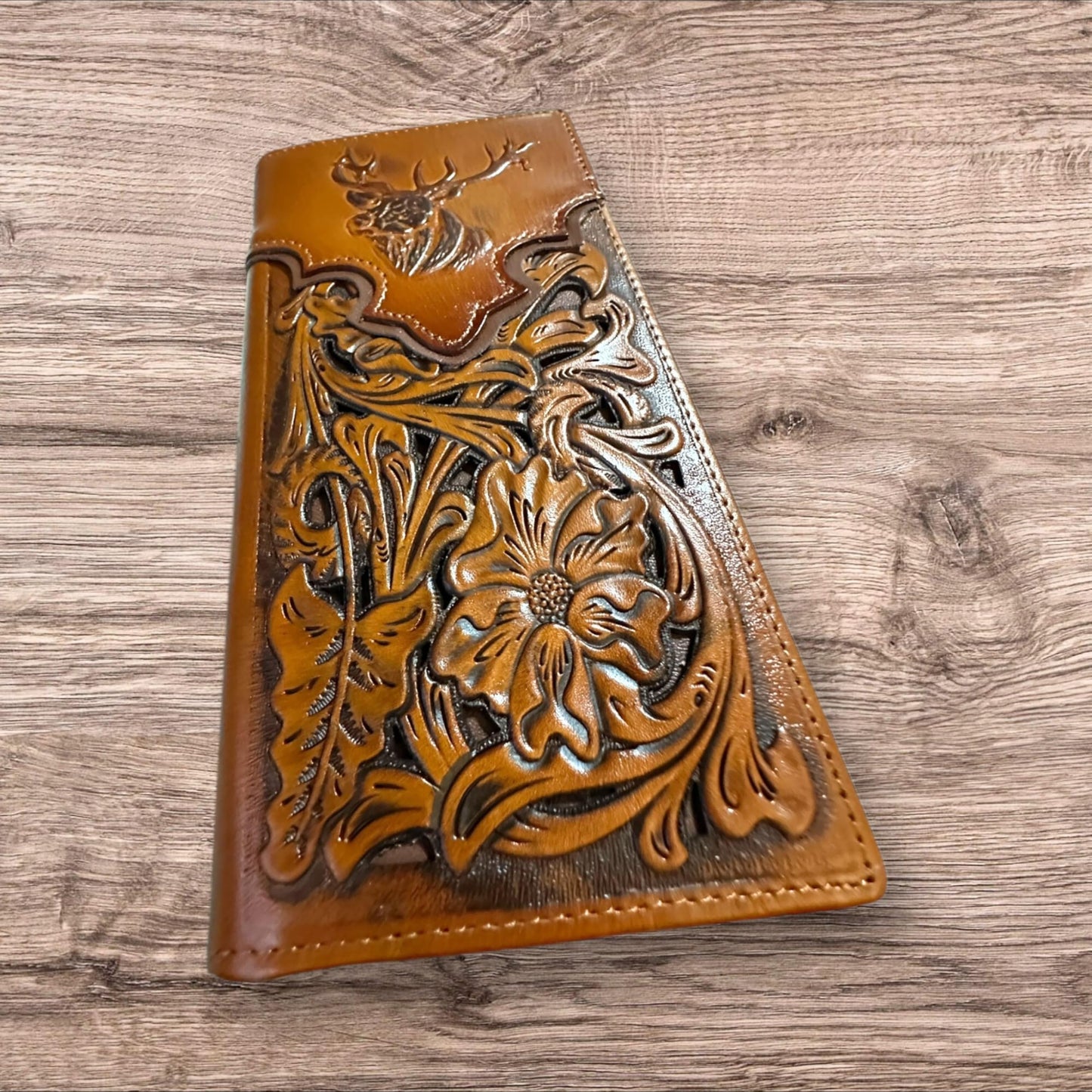 Leather Long Wallet Floral Embossed Deer Buck Bi Fold Hand Crafted Mens Wallets