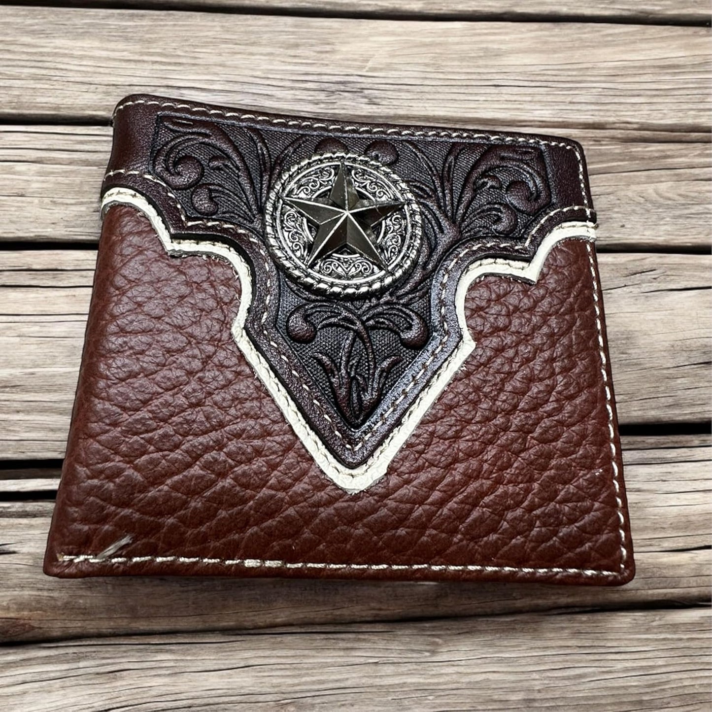 Mens Leather Wallet Lonestar Concho Floral Bi Fold