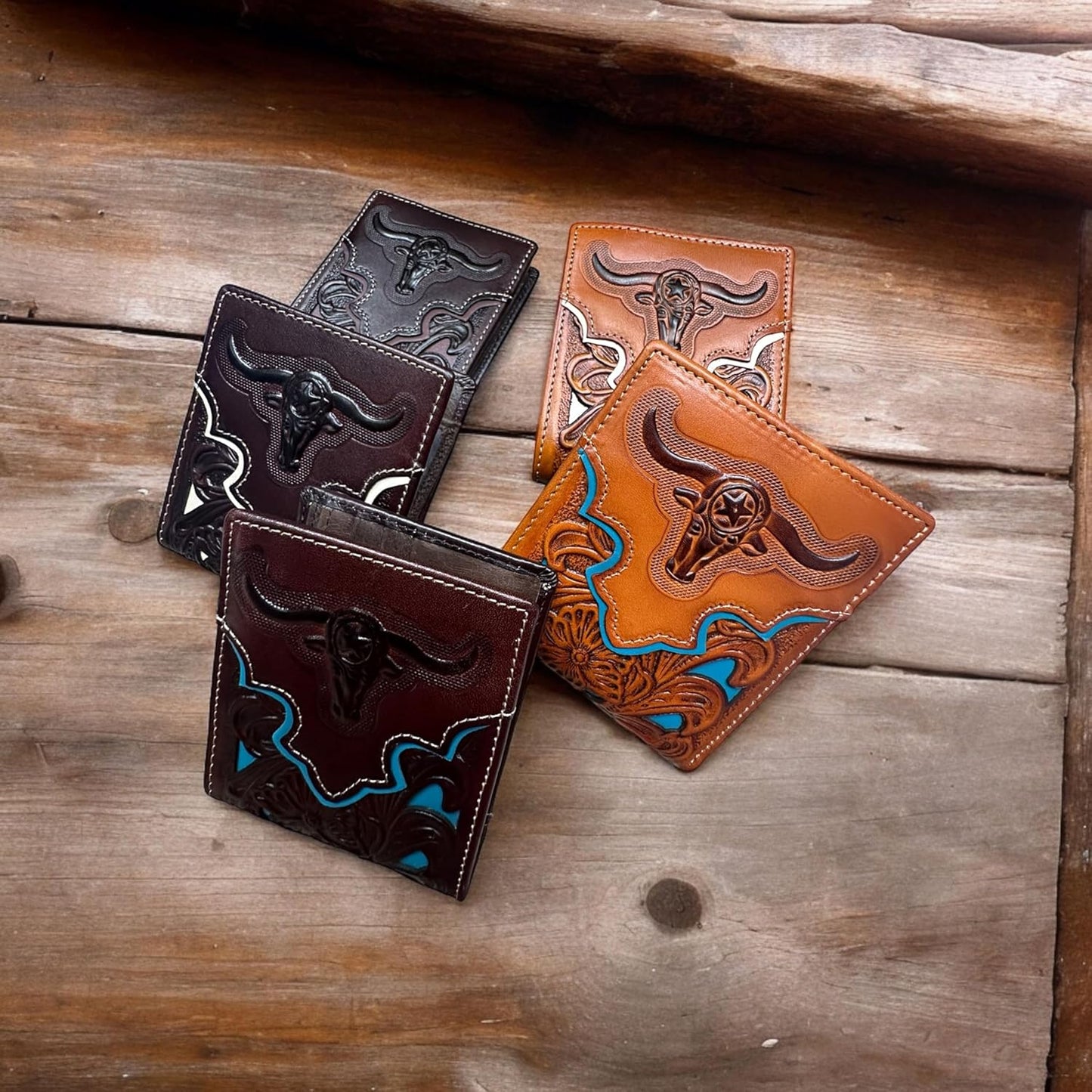 Floral Leather Longhorn Embossed Wallet