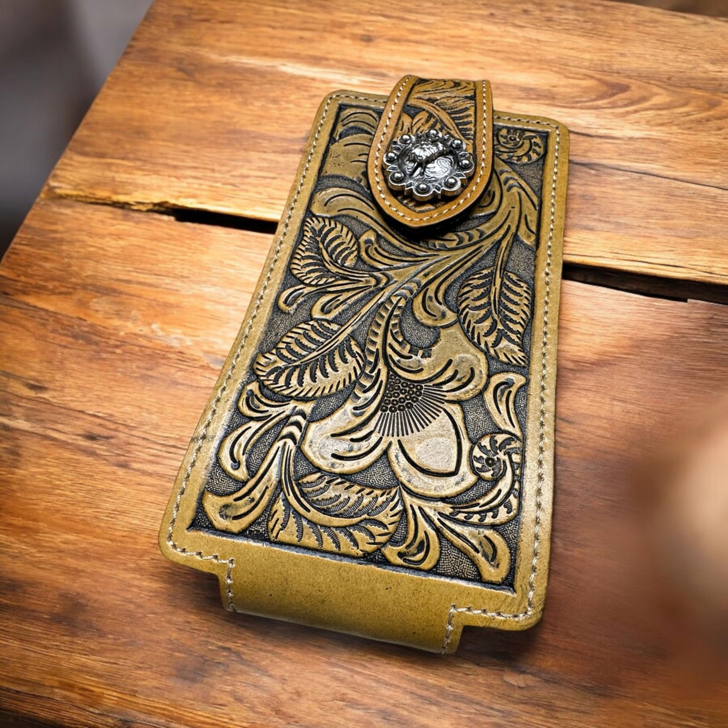 Western Stakes Leather Phone Holster Embossed Tooled Floral Cowboy Rodeo