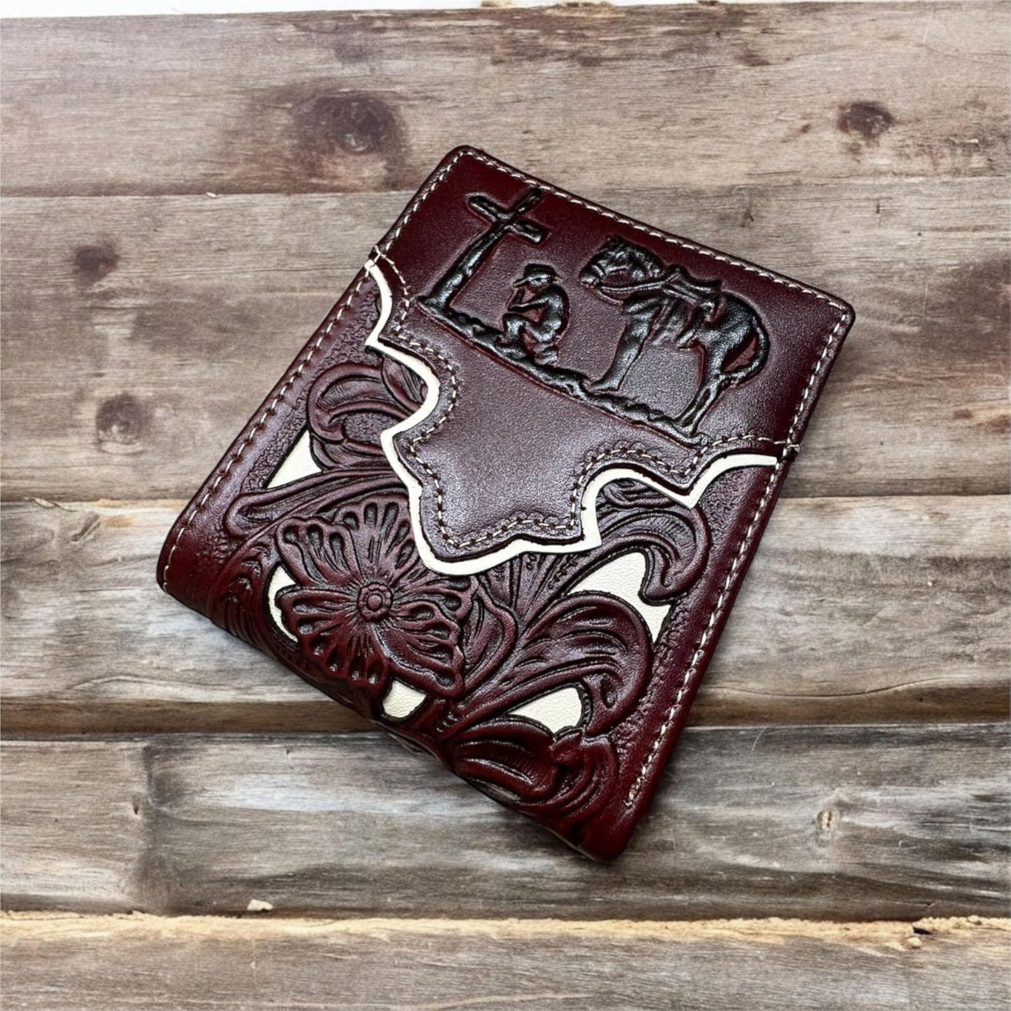 Floral Leather Cowboy Praying At Cross Wallet