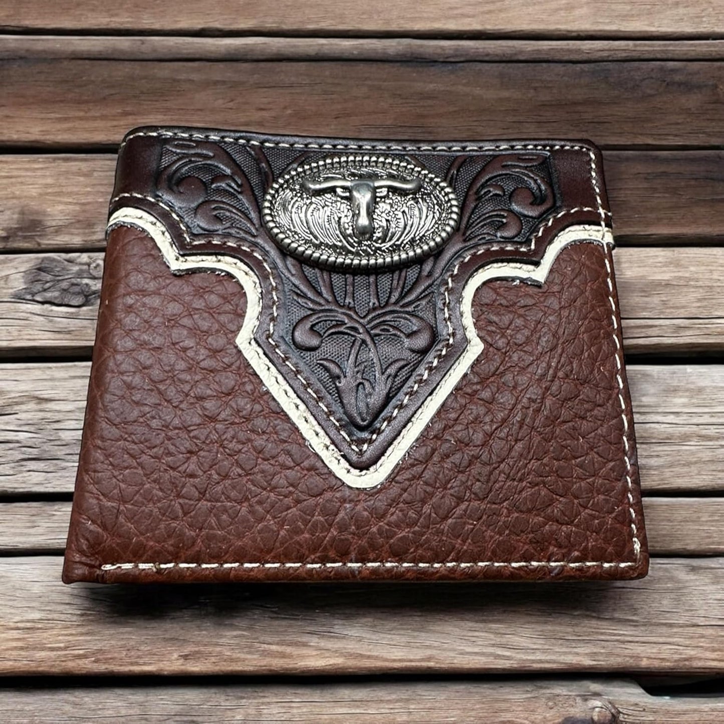 Mens Leather Wallet Horseshoe Longhorn Bi Fold