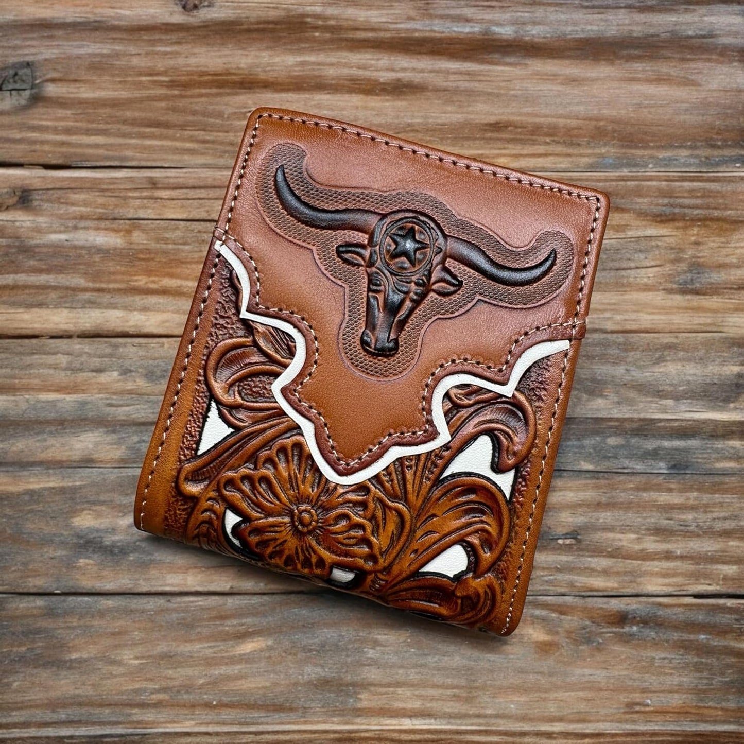 Floral Leather Longhorn Embossed Wallet