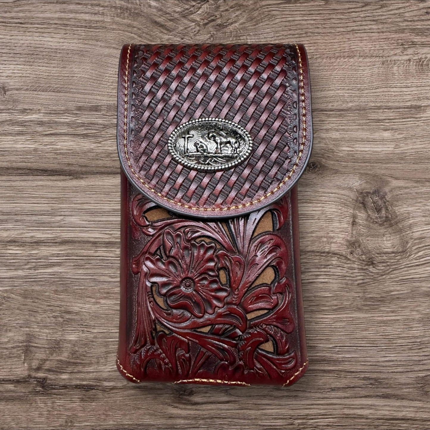 Western Stakes Leather Phone Belt Holster Floral Cutout Tooled