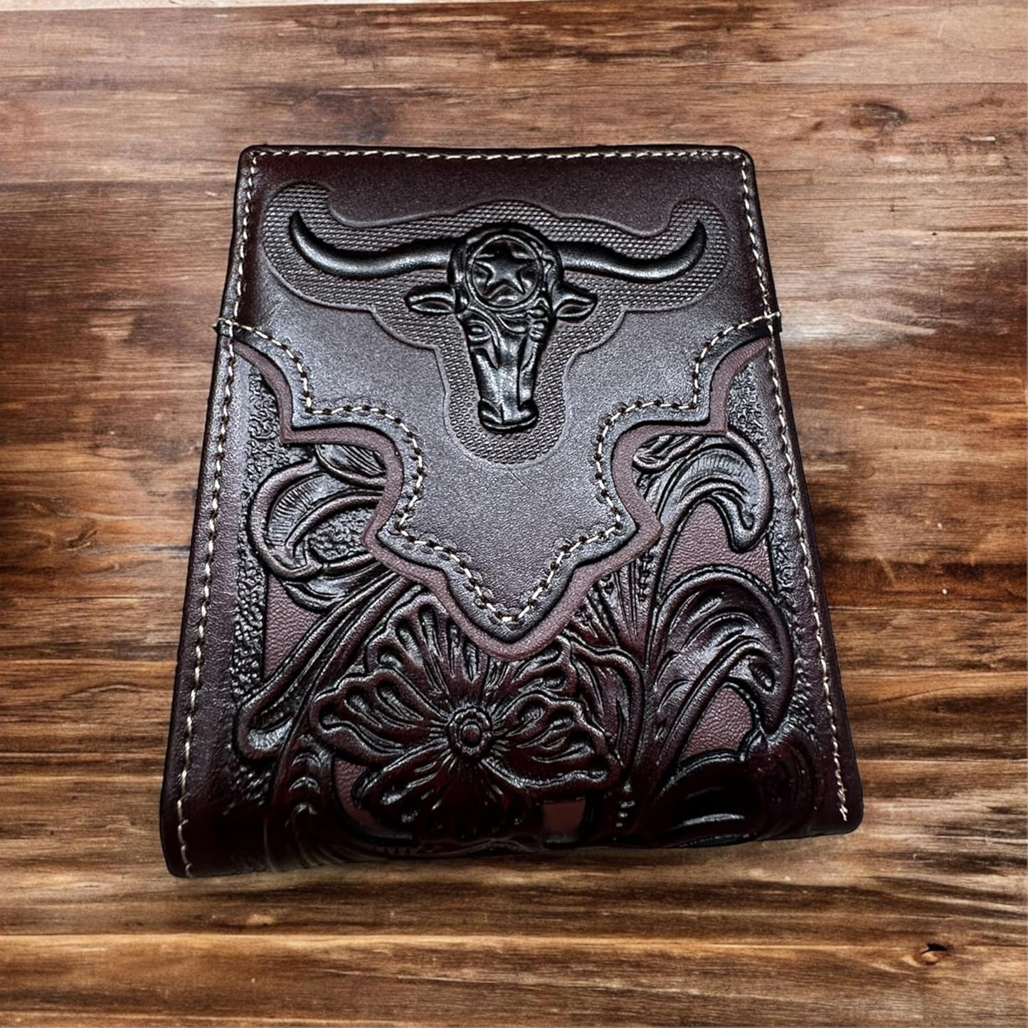 Floral Leather Longhorn Embossed Wallet