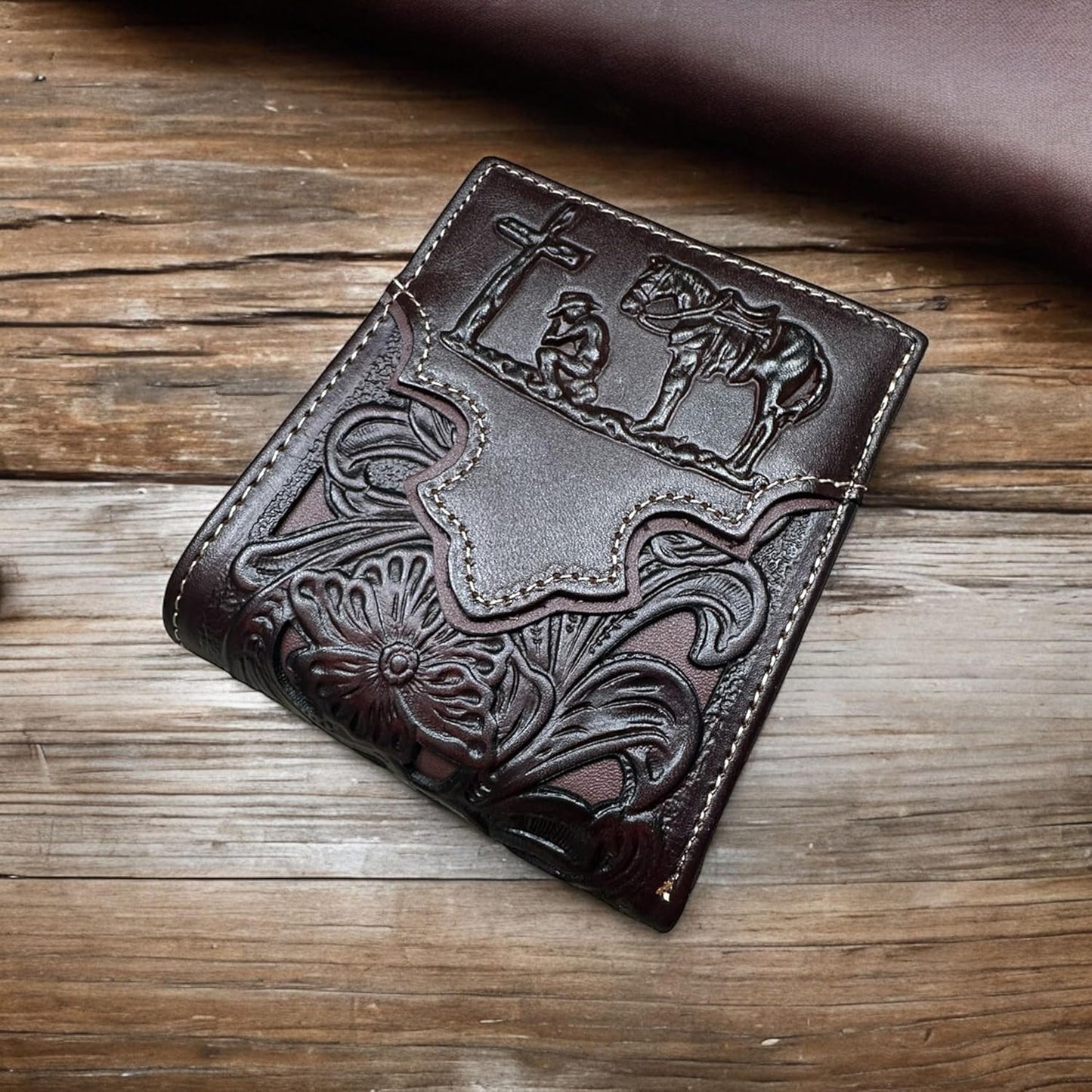 Floral Leather Cowboy Praying At Cross Wallet