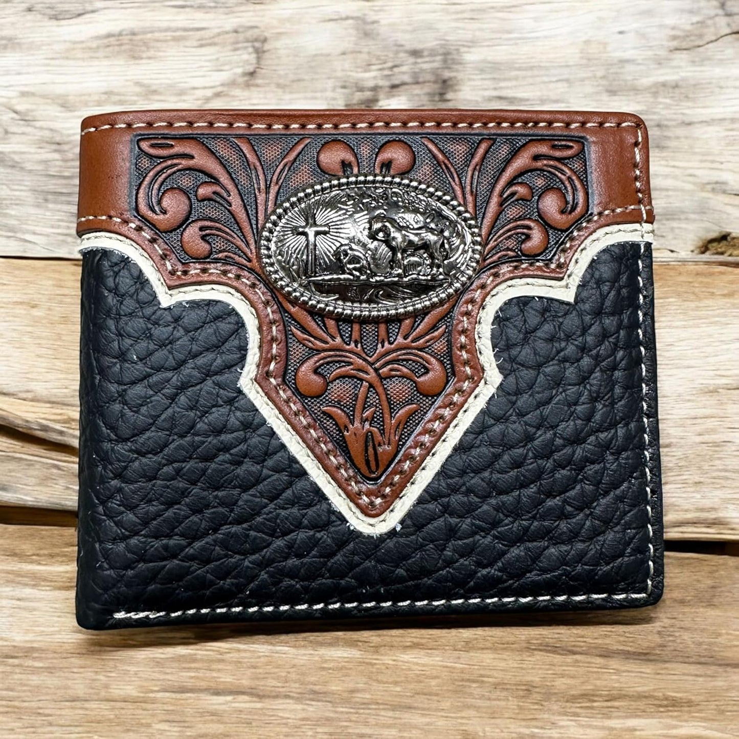 Mens Leather Wallet Cowboy Praying Leather Bi Fold