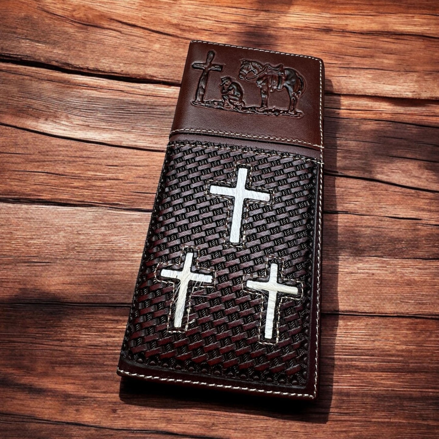 Leather Long Wallet Cow Hair Tri Cross Cowboy Praying At Cross