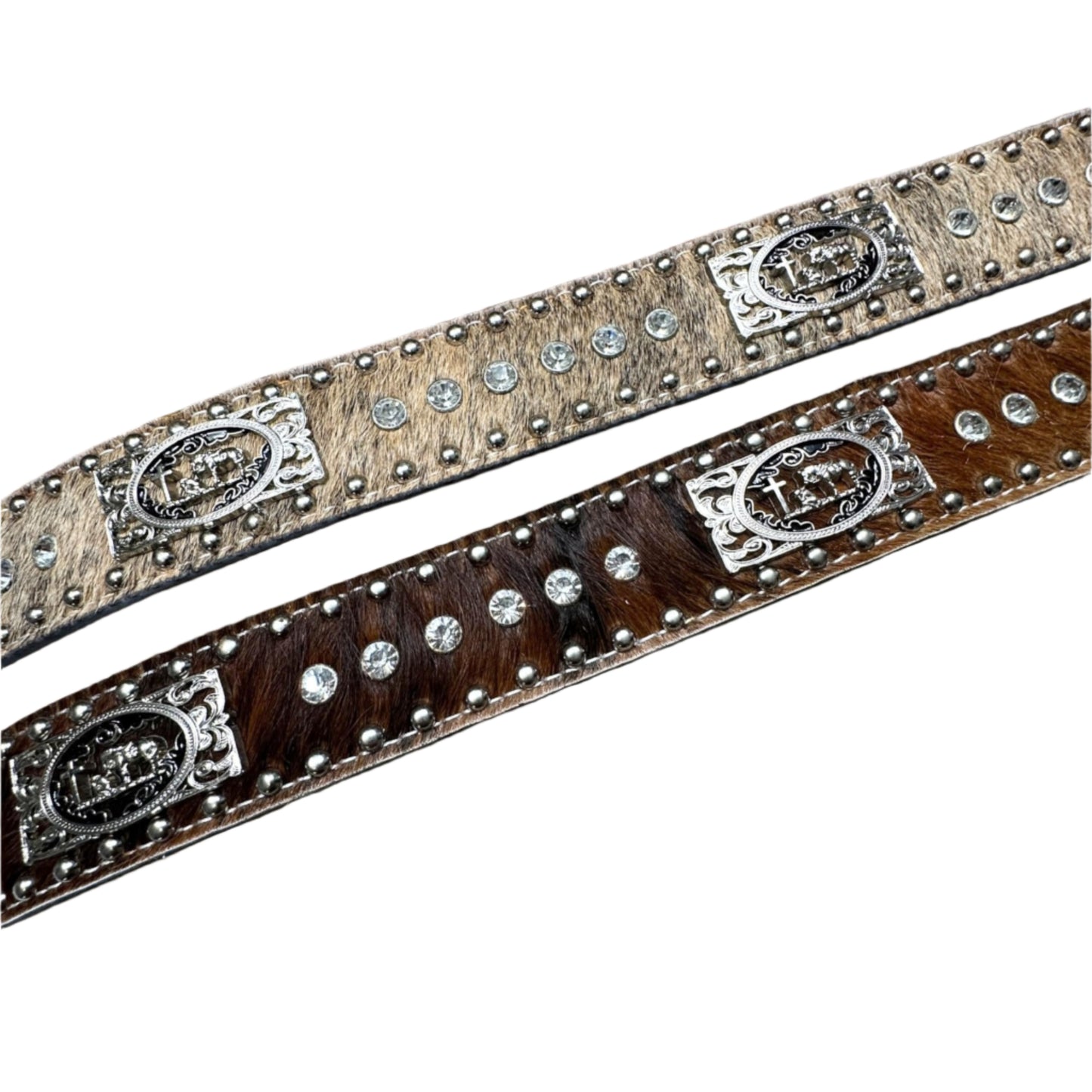 Leather Cowboy Belts For Men Cowboy Praying at Cross Concho Cow Hair