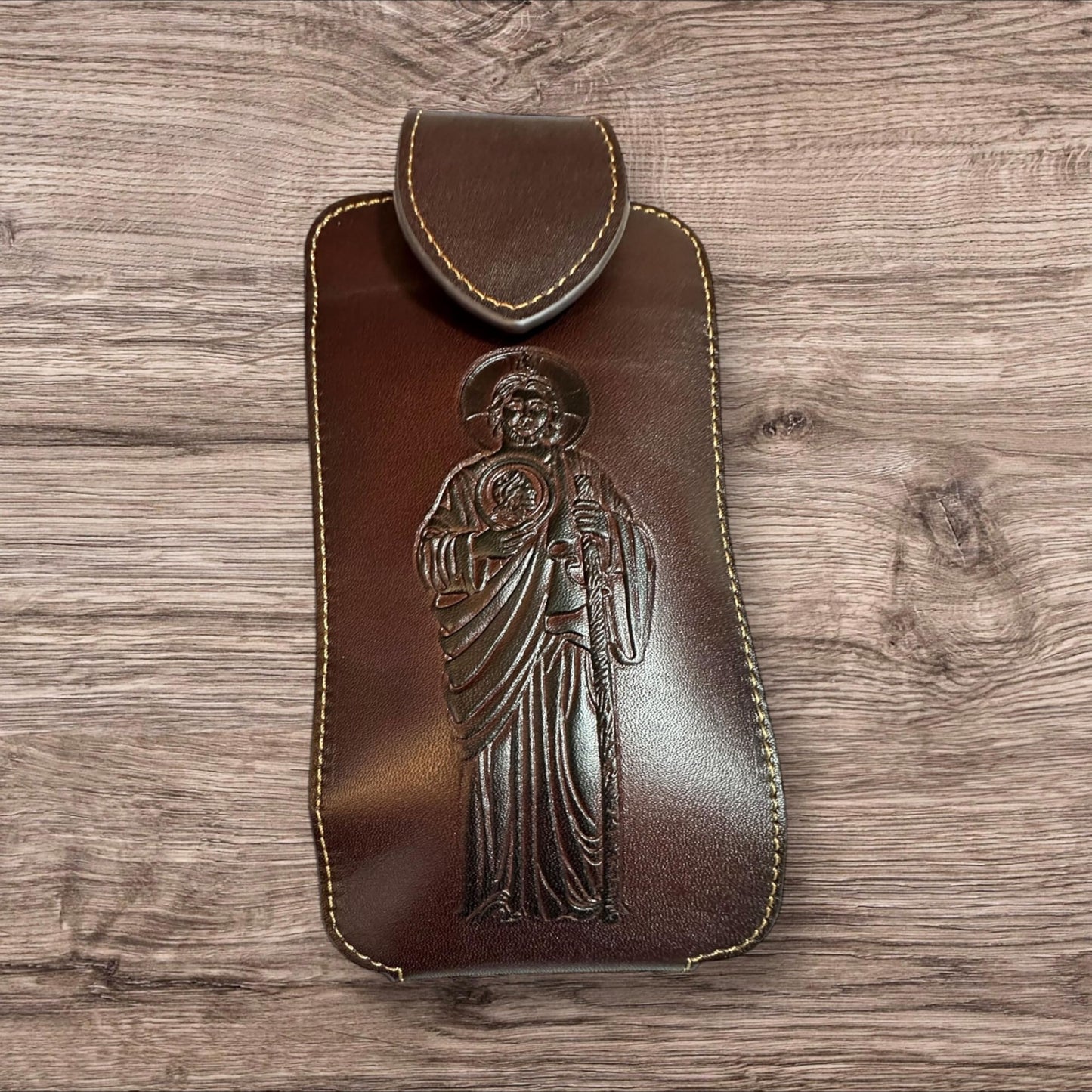 Western Stakes Leather Phone Belt Holster Embossed Saint Jude Apostle