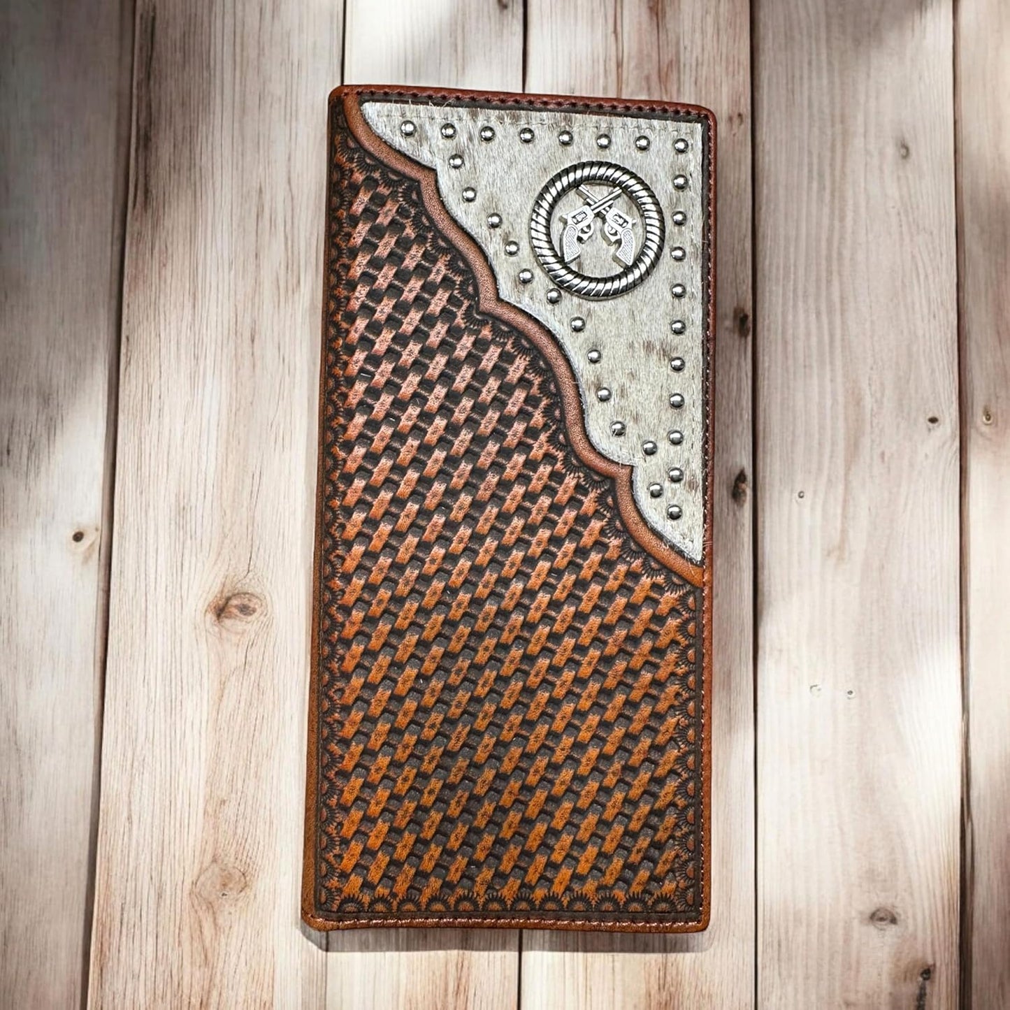 Six Shooter Concho Long Wallet Leather Basketweave Tooled Cow Hair