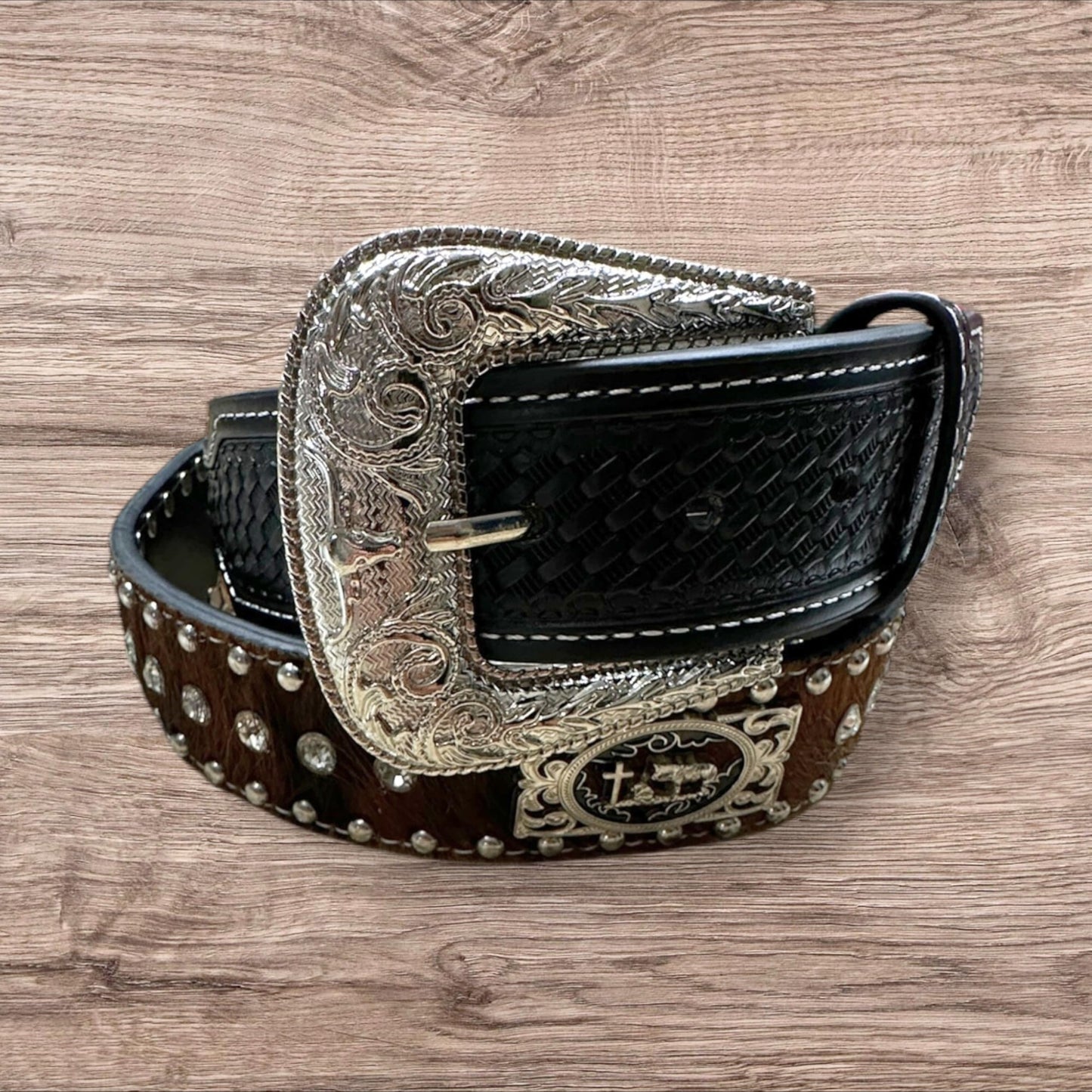 Leather Cowboy Belts For Men Cowboy Praying at Cross Concho Cow Hair