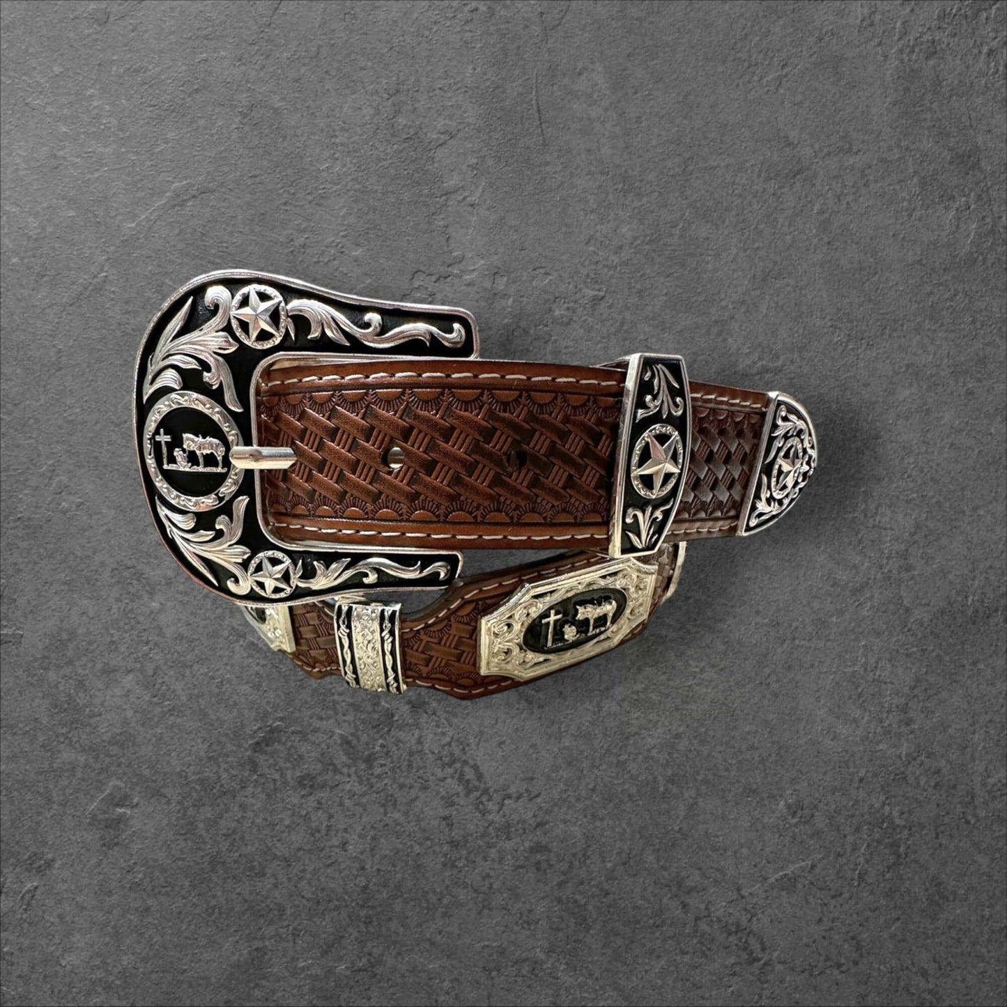 Leather Western Belts For Men Cowboy Praying at Cross Concho High End