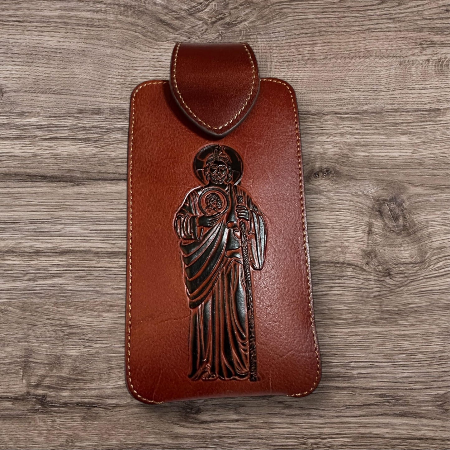 Western Stakes Leather Phone Belt Holster Embossed Saint Jude Apostle