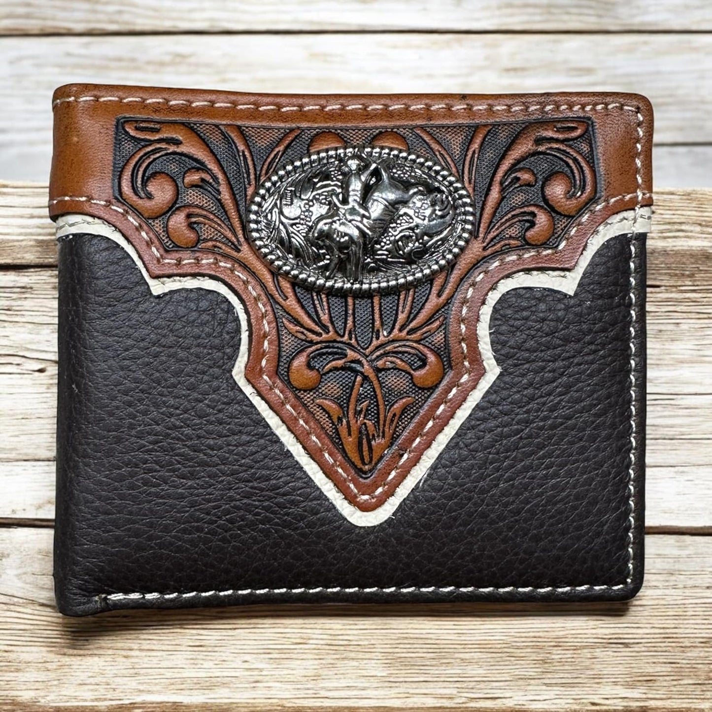 Mens Leather Wallet Cowboy Bull Riding Leather Bi Fold