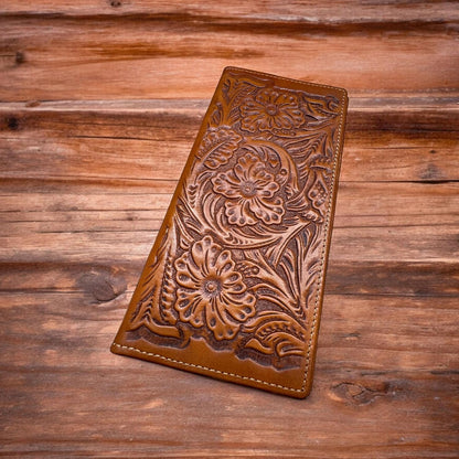 Floral Embossed Tooled Leather Long Wallet