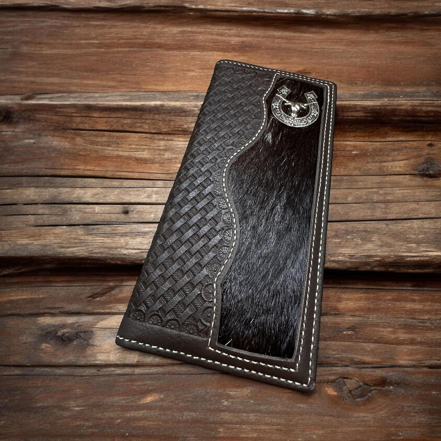 Longhorn Long Wallet Black With Cowhair Basketweave