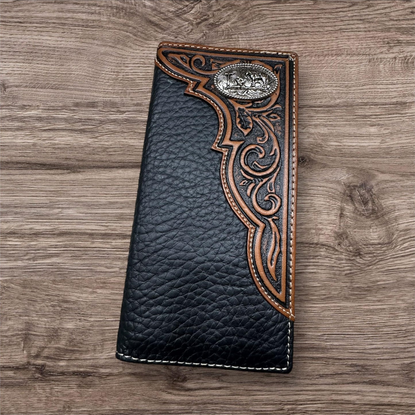 Leather Long Wallet Floral Embossed Tooled Cowboy Praying At Cross Concho