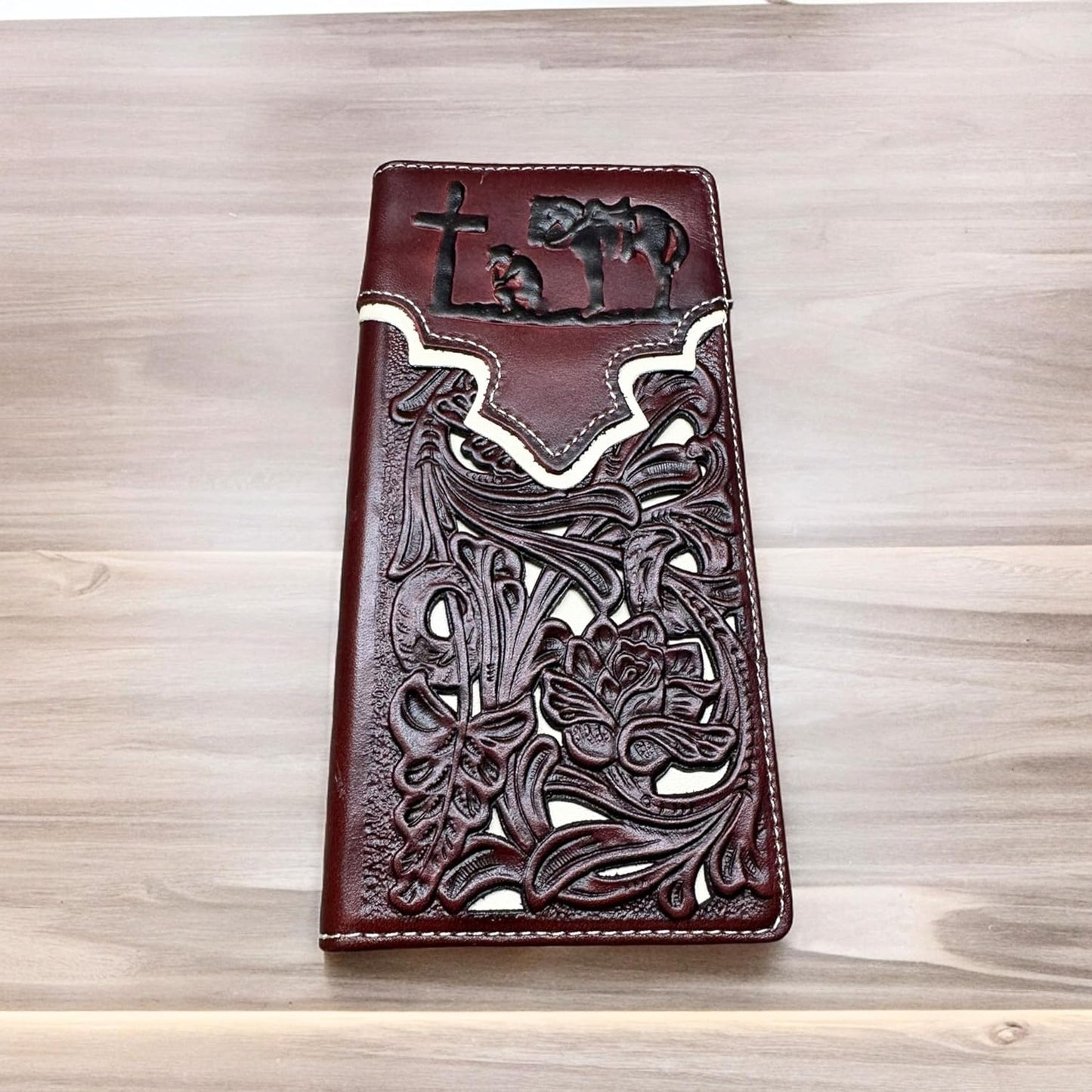 Floral Long Wallet Embossed Cowboy Praying At Cross