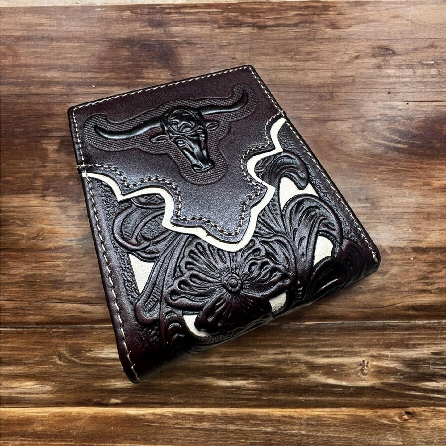 Floral Leather Longhorn Embossed Wallet