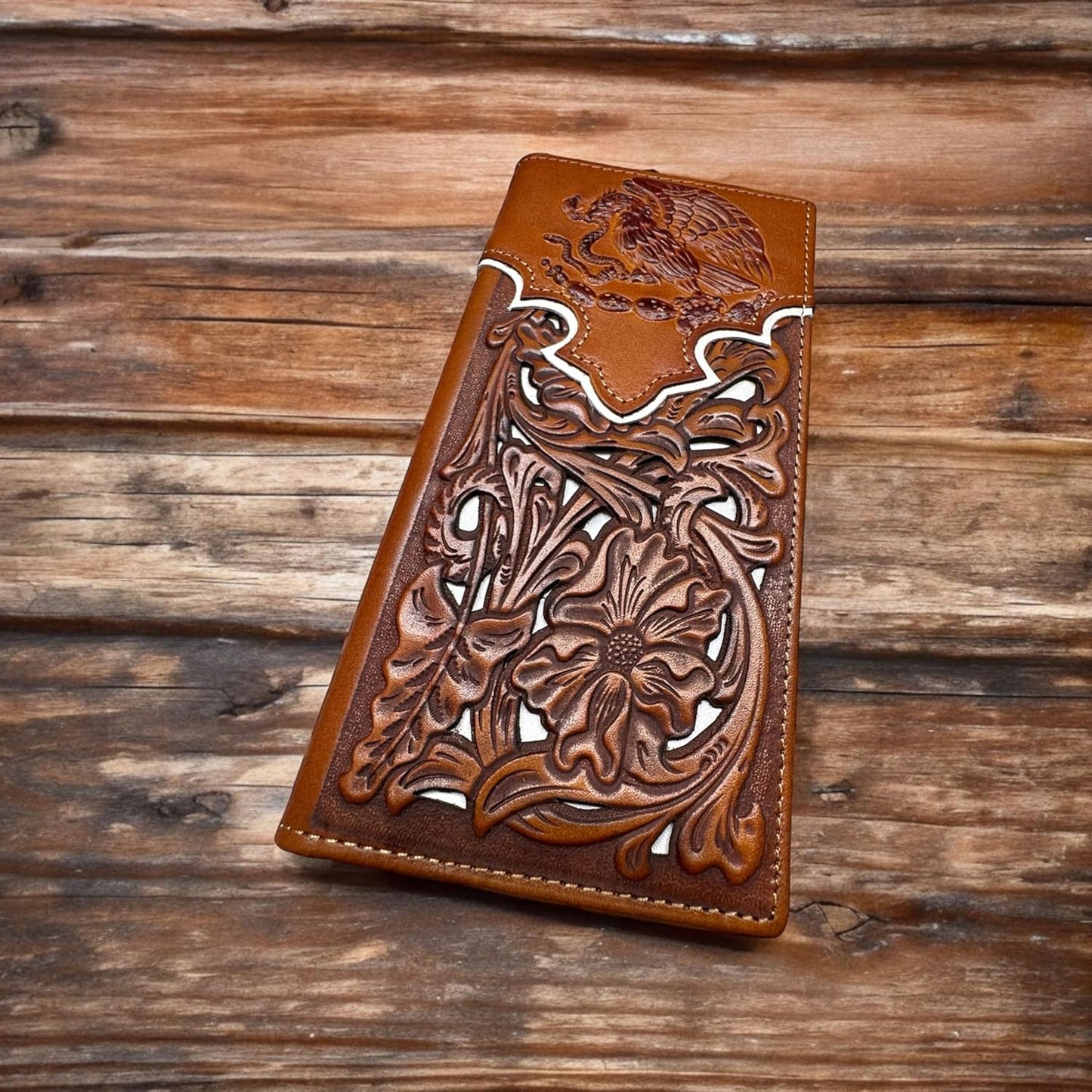 Floral Coat Of Arms Of Mexico Western Leather Long Wallet