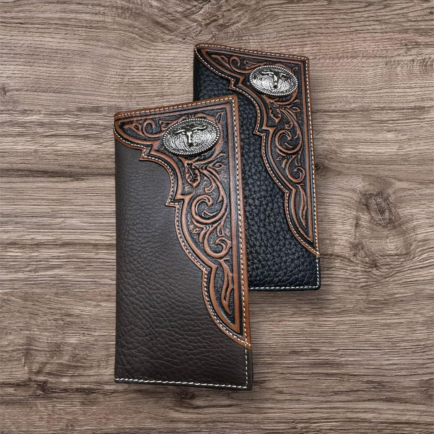 Mens Tooled Long Wallet Longhorn Concho