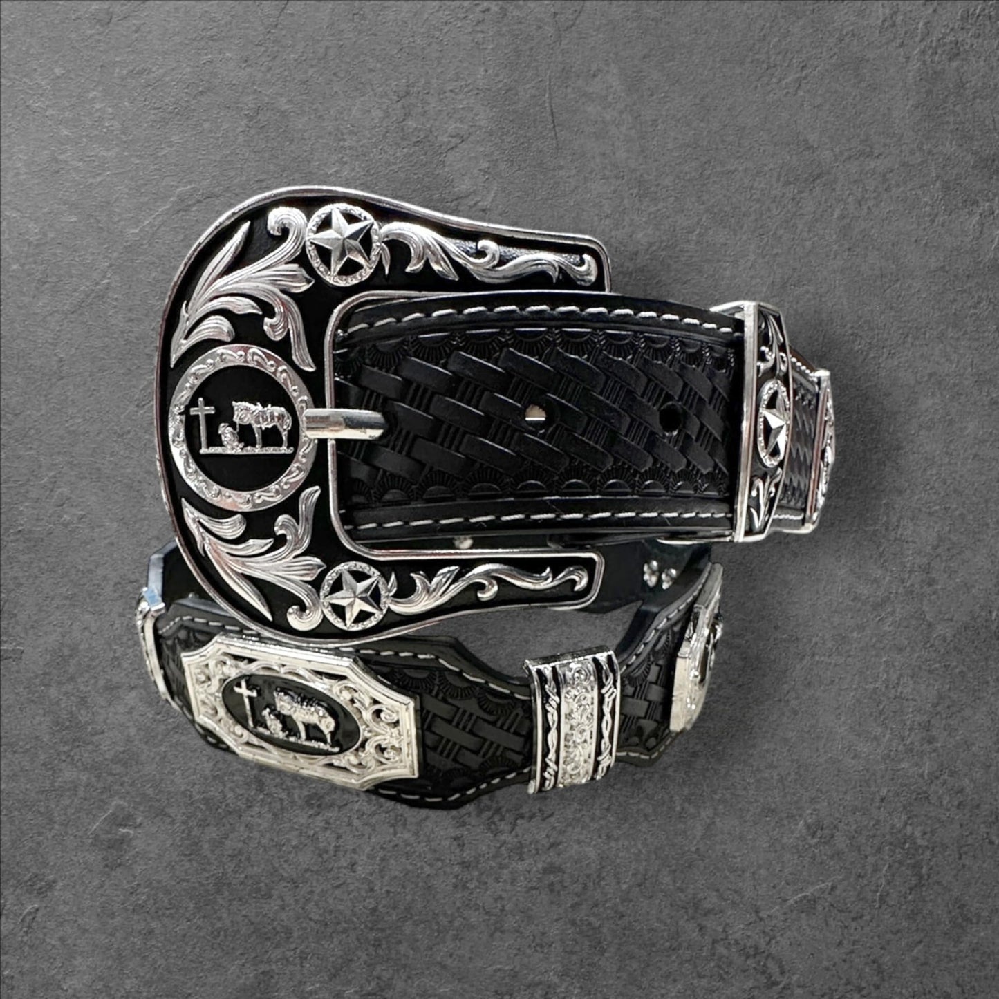 Leather Western Belts For Men Cowboy Praying at Cross Concho High End