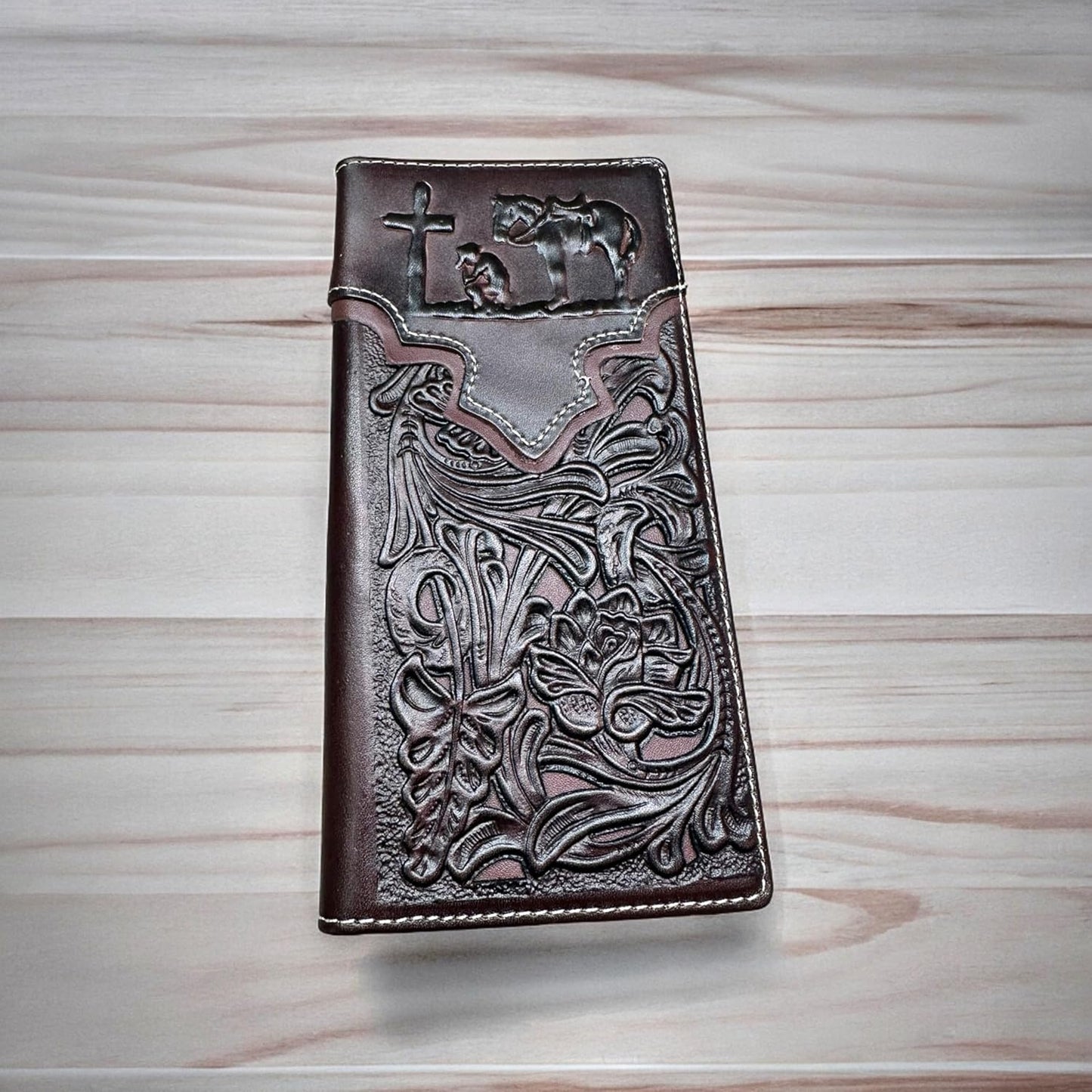 Floral Long Wallet Embossed Cowboy Praying At Cross