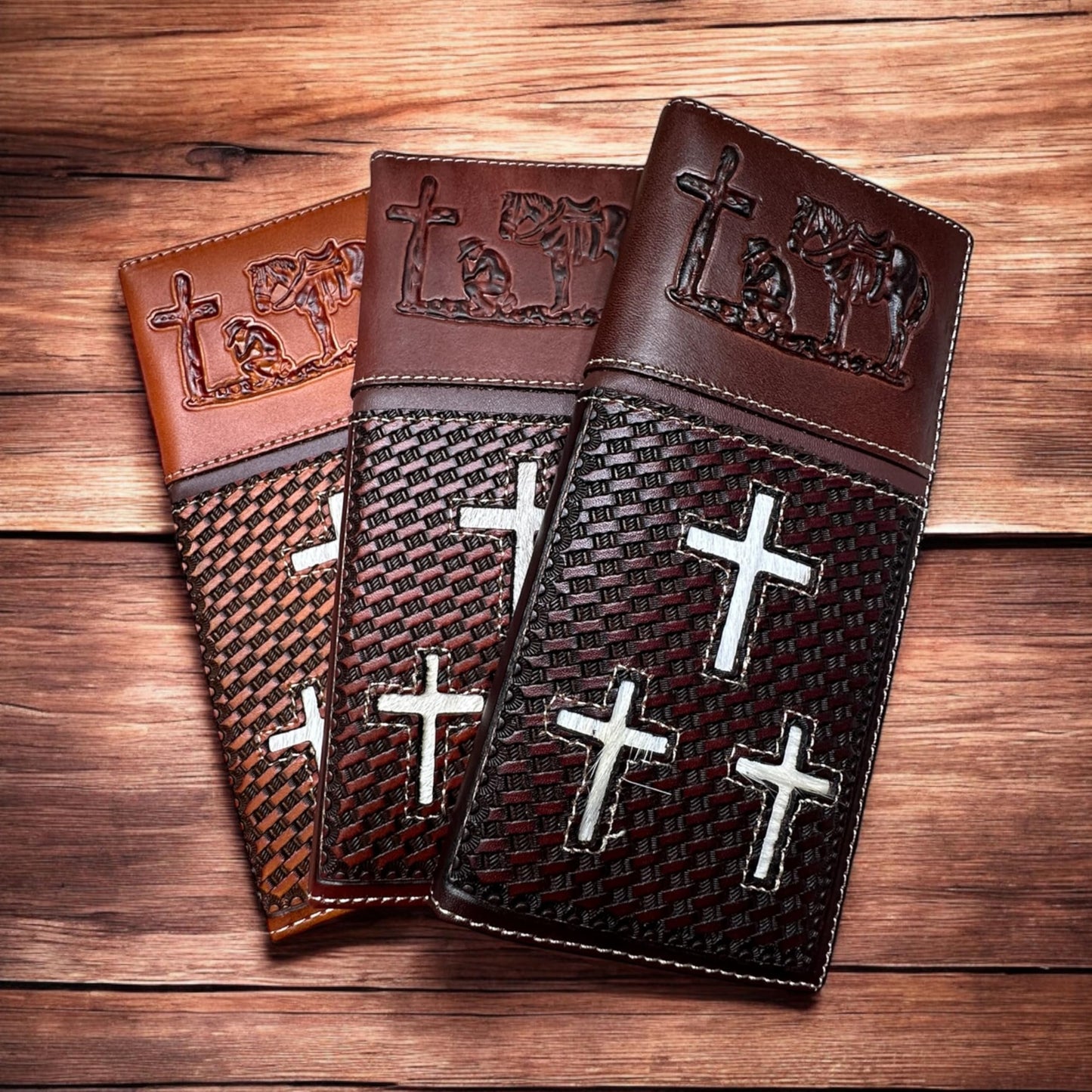 Leather Long Wallet Cow Hair Tri Cross Cowboy Praying At Cross