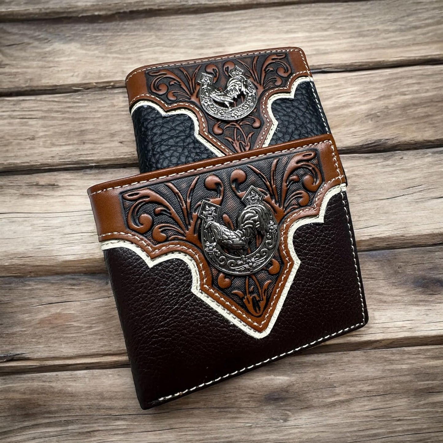 Mens Leather Wallet Horseshoe Rooster Bi Fold