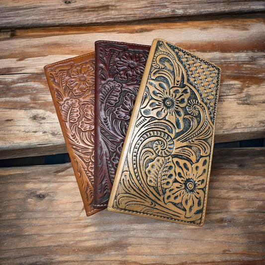 Floral Embossed Tooled Leather Long Wallet