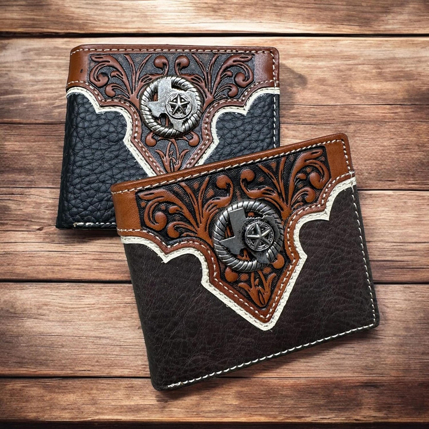 Mens Leather Wallet Cowboy Texas W Star Concho Leather Bi Fold