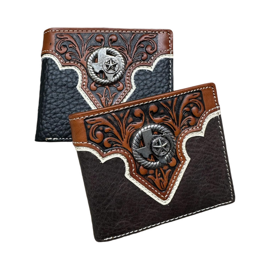 Mens Leather Wallet Cowboy Texas W Star Concho Leather Bi Fold