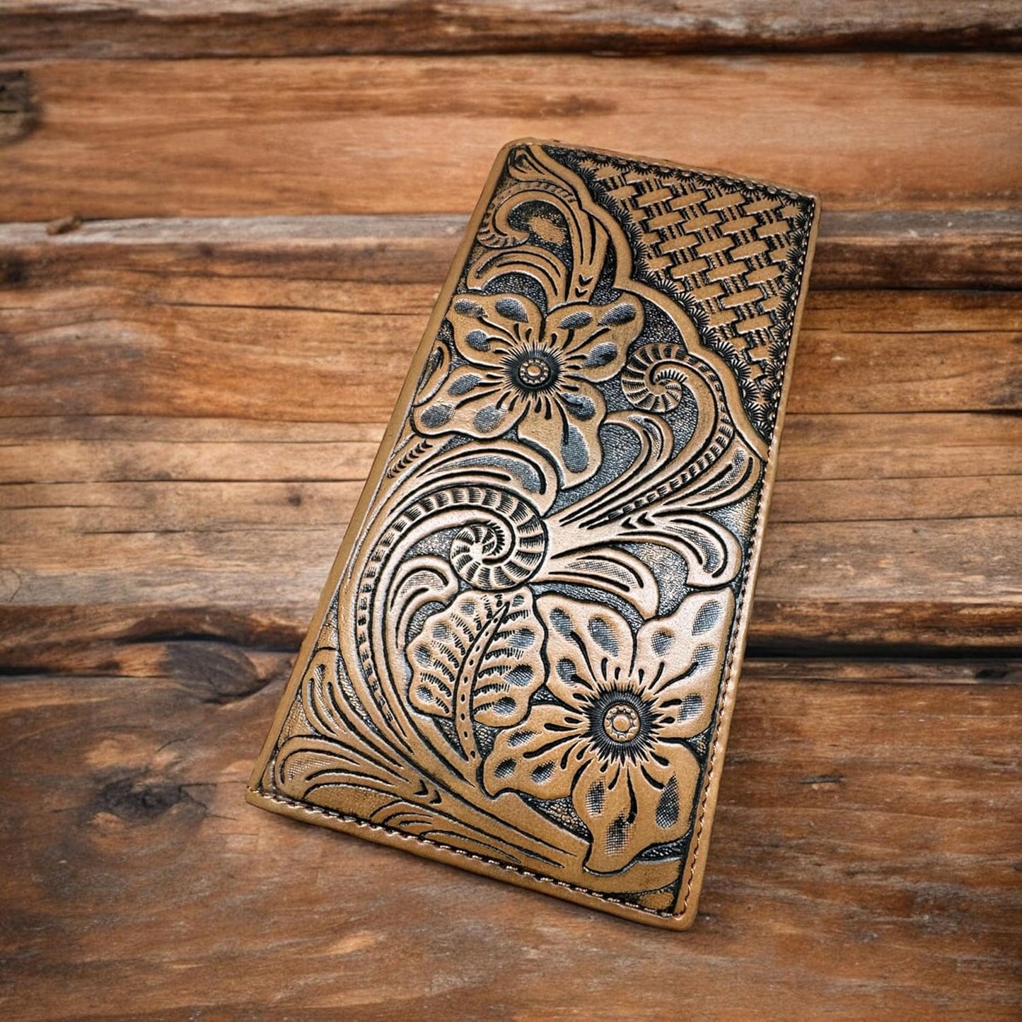 Floral Embossed Tooled Leather Long Wallet