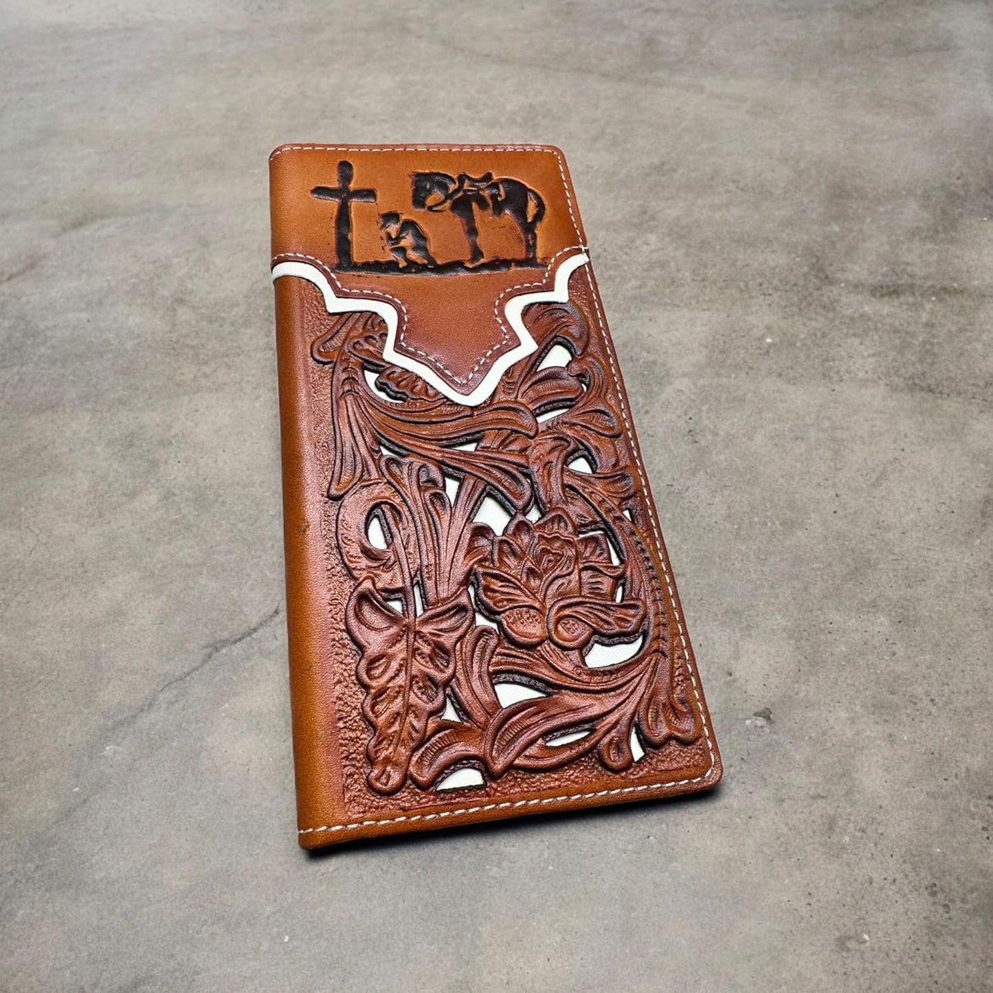 Floral Long Wallet Embossed Cowboy Praying At Cross