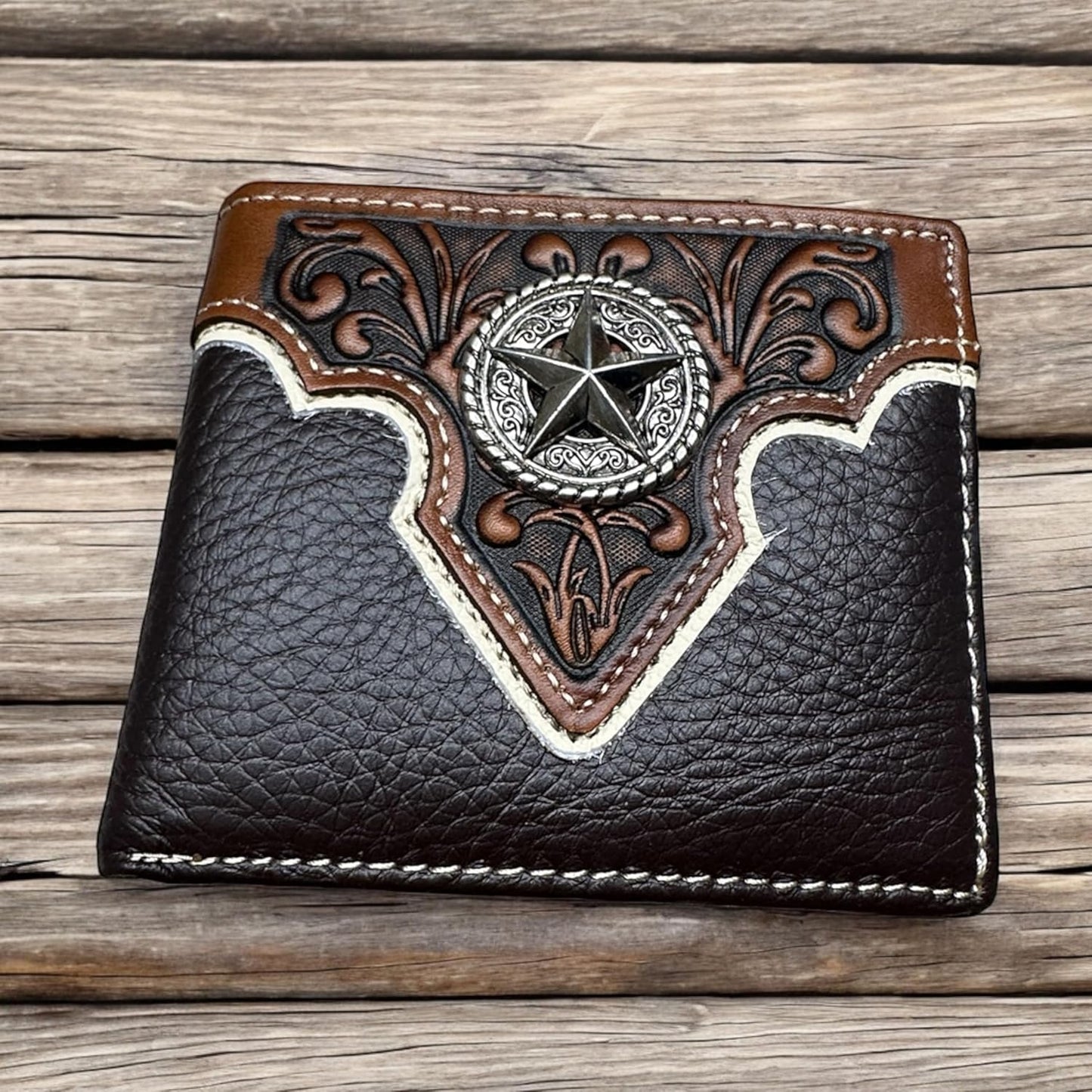 Mens Leather Wallet Lonestar Concho Floral Bi Fold