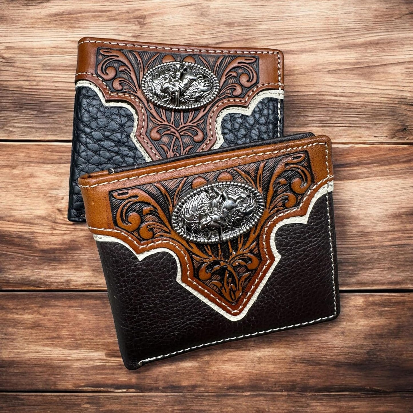 Mens Leather Wallet Cowboy Bull Riding Leather Bi Fold