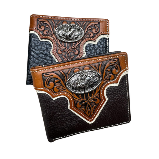 Mens Leather Wallet Cowboy Bull Riding Leather Bi Fold