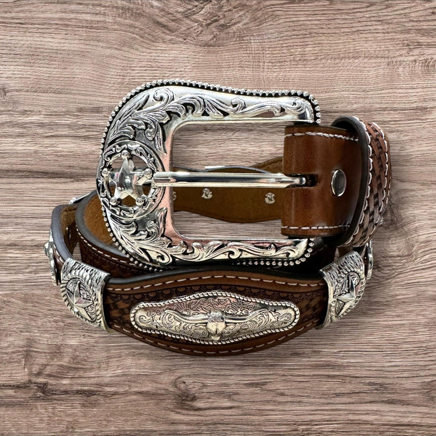 Leather Western Belts For Men Cowboy Praying At Cross Concho Tooled