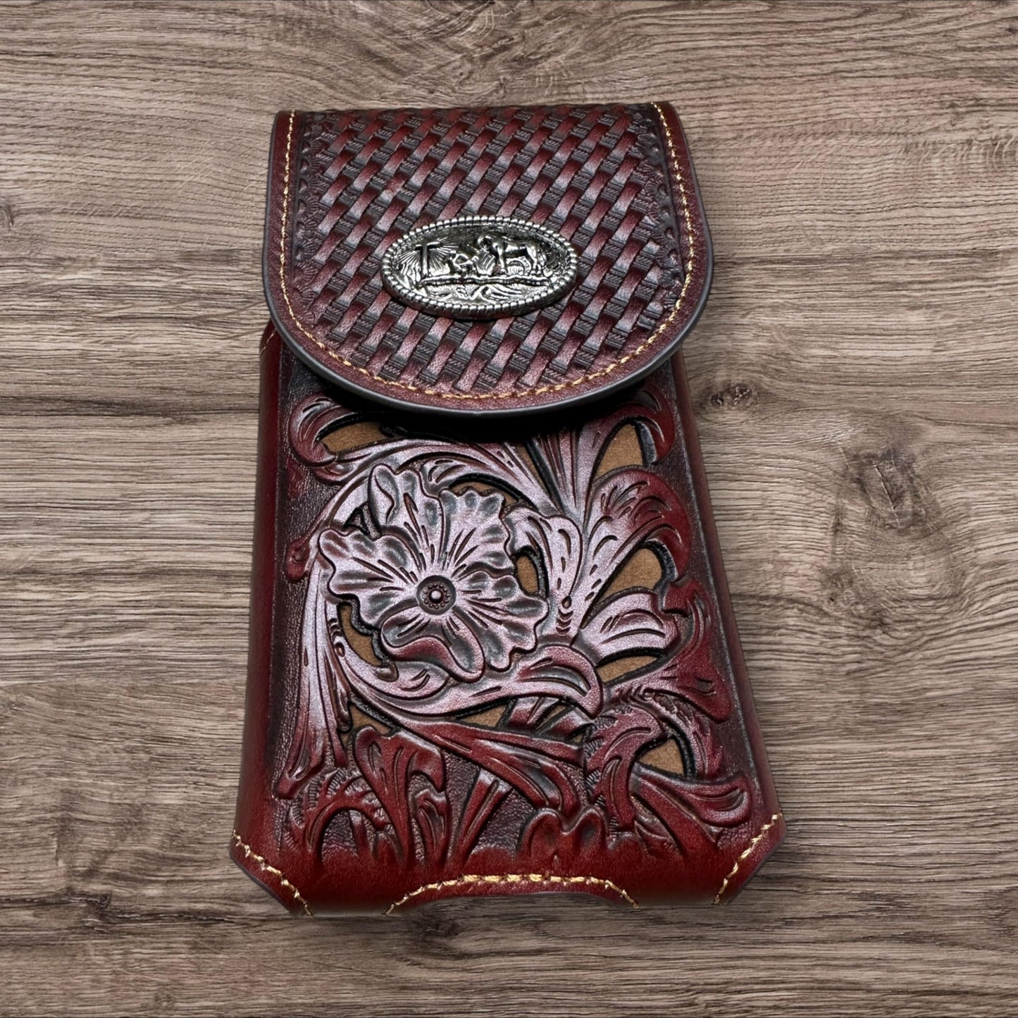 Western Stakes Leather Phone Belt Holster Floral Cutout Tooled