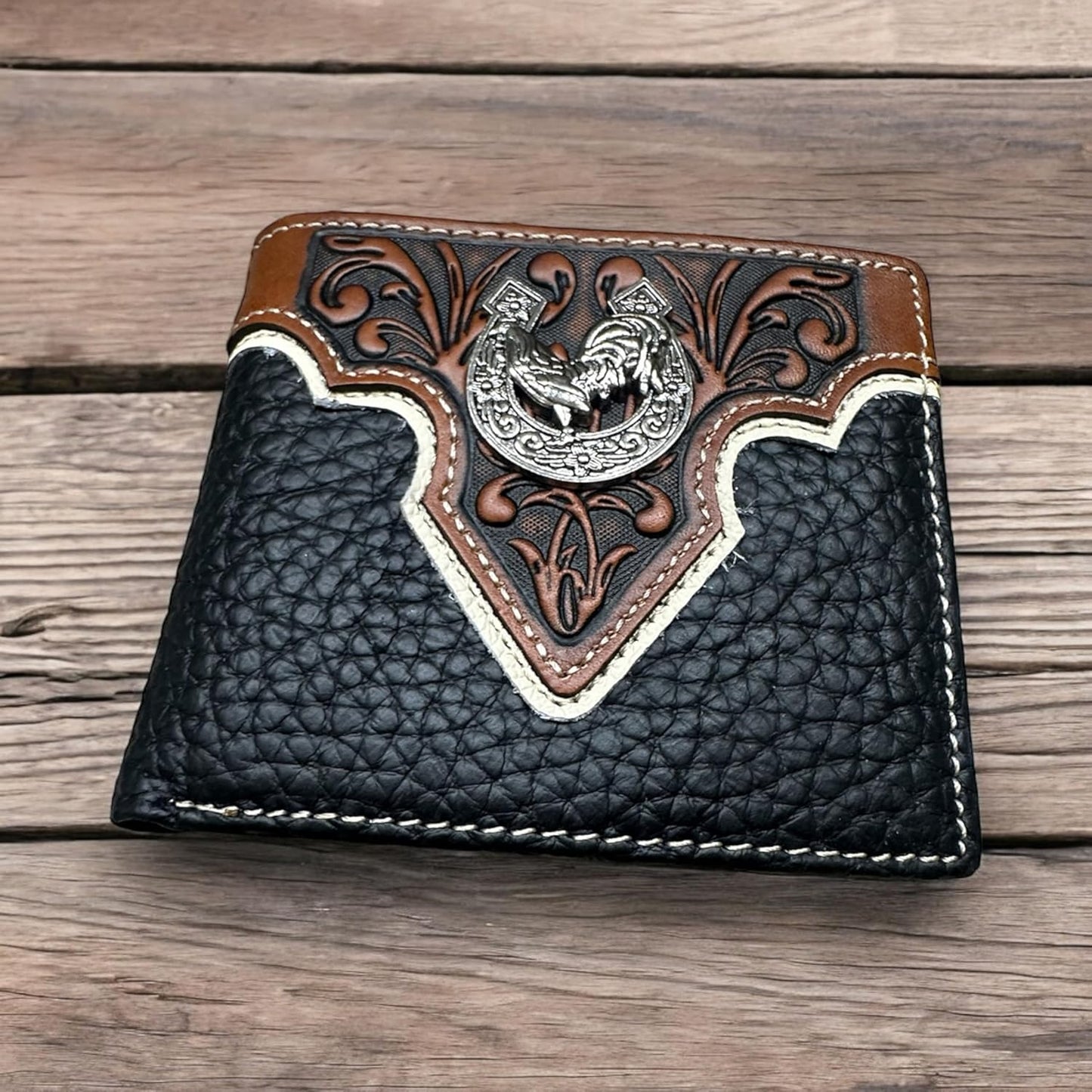 Mens Leather Wallet Horseshoe Rooster Bi Fold