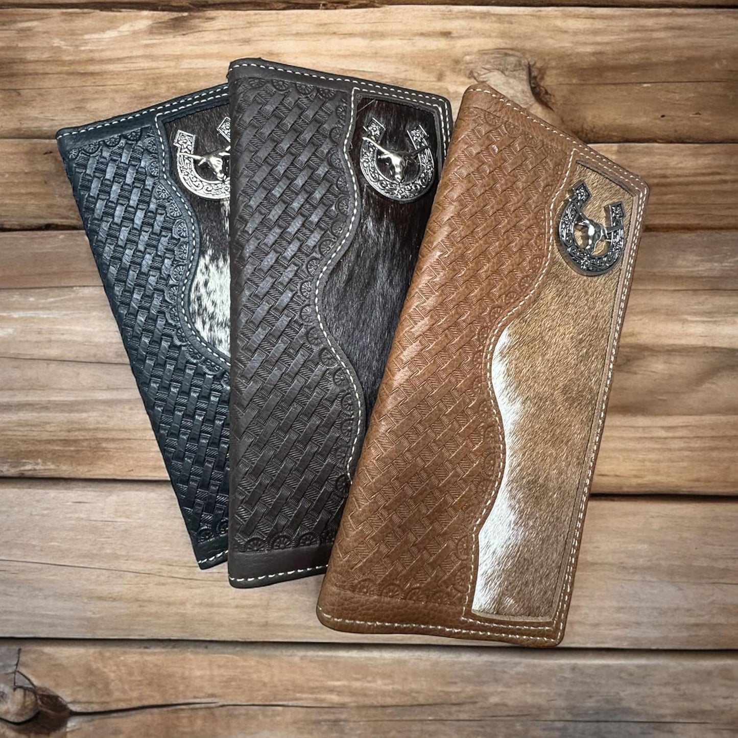 Longhorn Long Wallet Black With Cowhair Basketweave