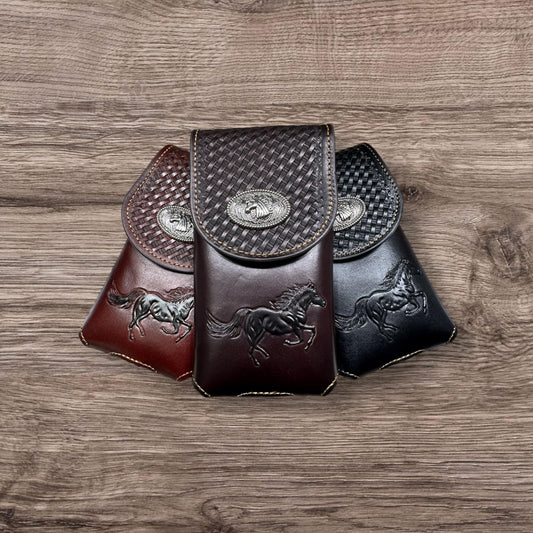 Western Leather Phone Belt Holster Cell Phone Case Embossed Stallion Horse Concho