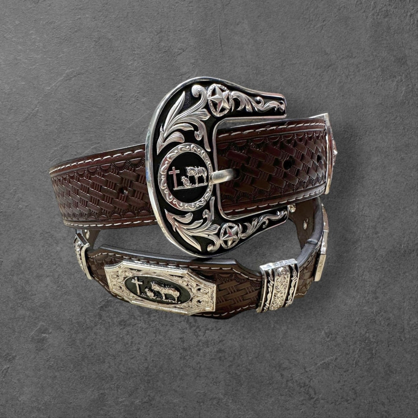 Leather Western Belts For Men Cowboy Praying at Cross Concho High End