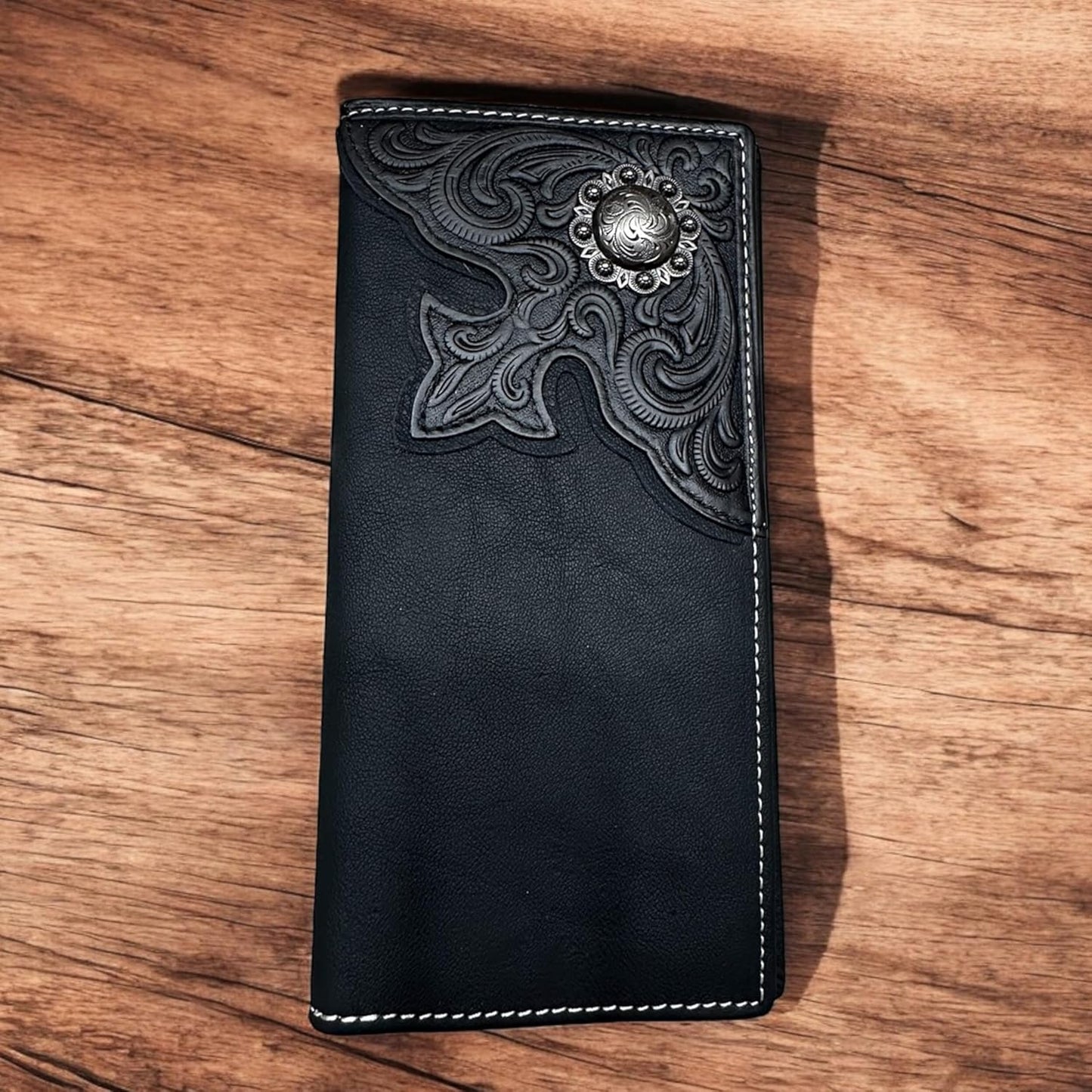 Long Wallet Floral Tooled Leather Classic Concho Checkbook Style