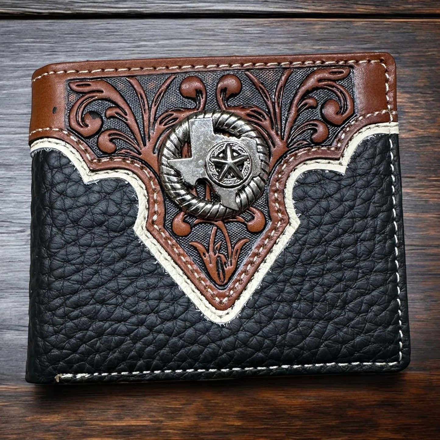 Mens Leather Wallet Cowboy Texas W Star Concho Leather Bi Fold