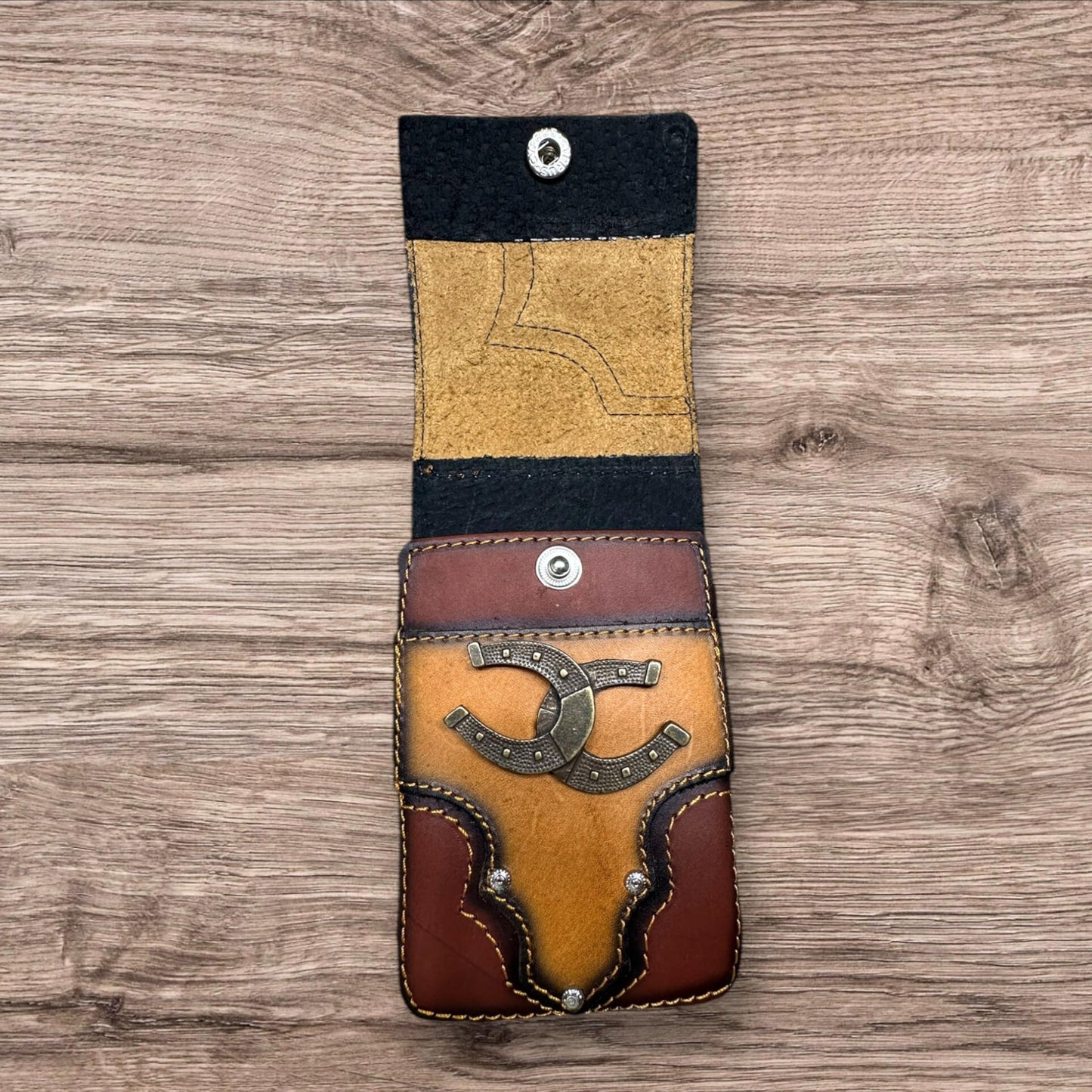 Western Leather Phone Belt Holster Layered Leather Horseshoe Concho High End Made In Mexico