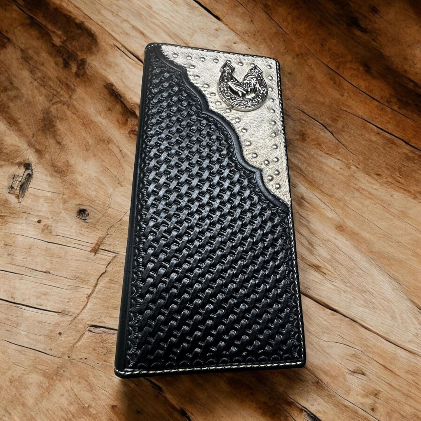 Rooster Horseshoe Long Wallet W Cowhair Basketweave