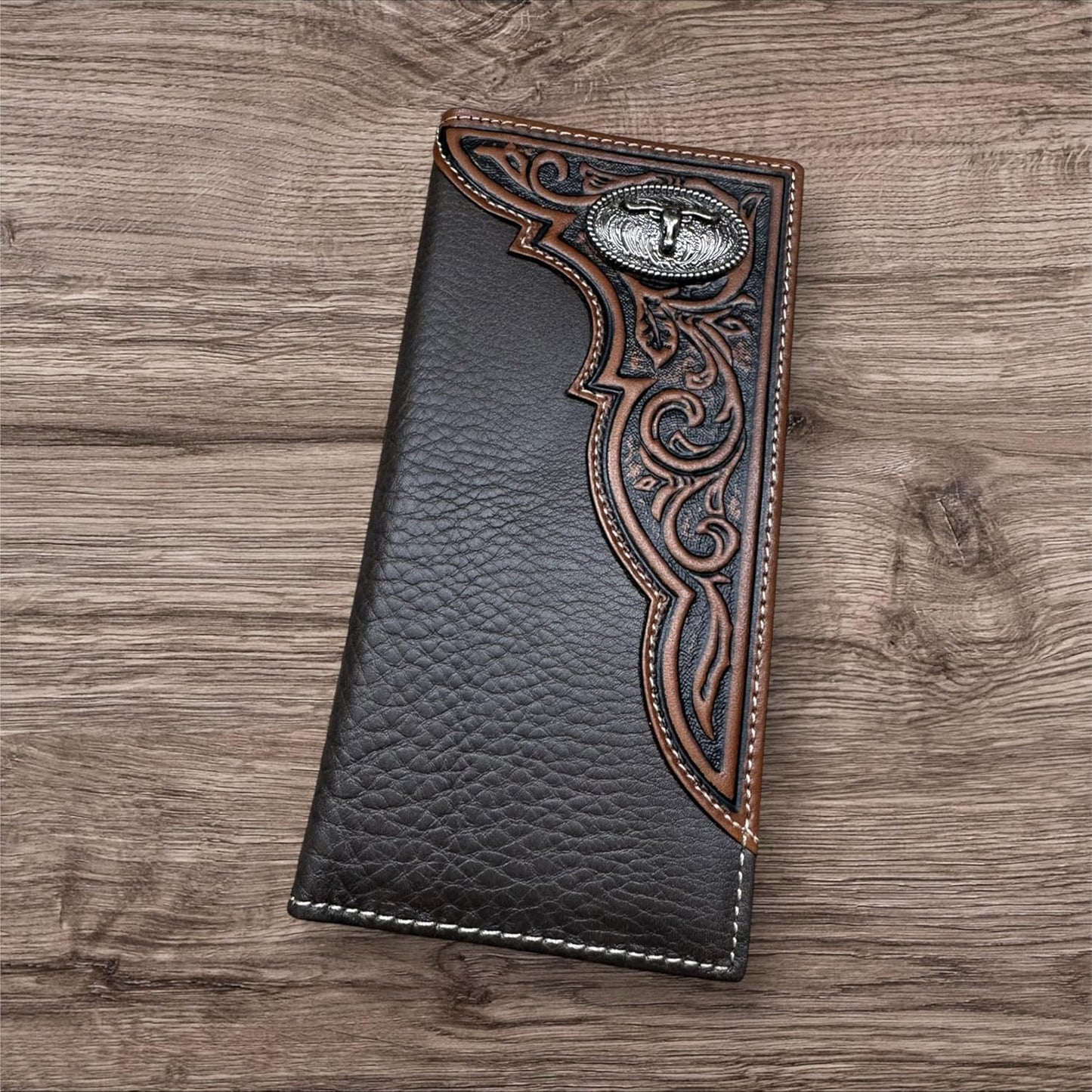 Mens Tooled Long Wallet Longhorn Concho