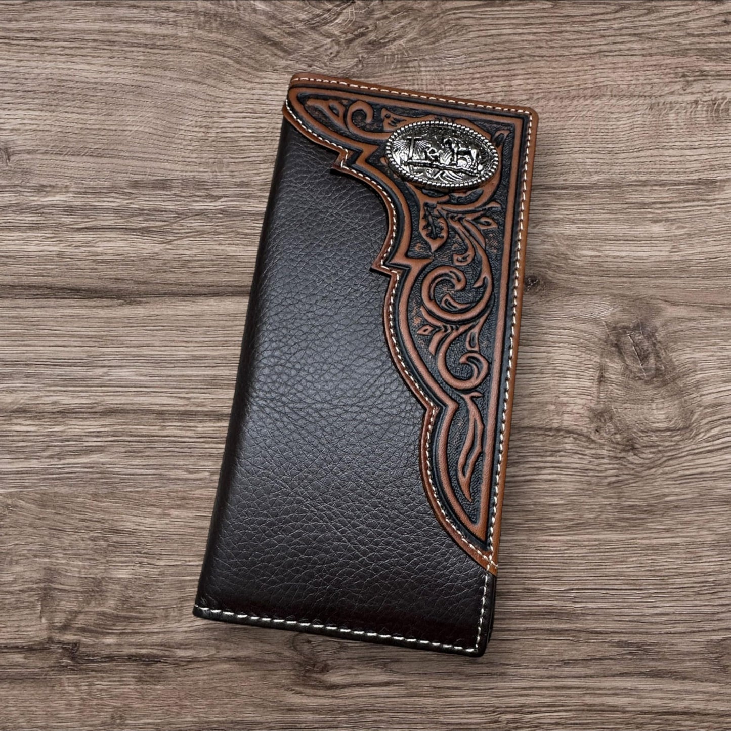 Leather Long Wallet Floral Embossed Tooled Cowboy Praying At Cross Concho